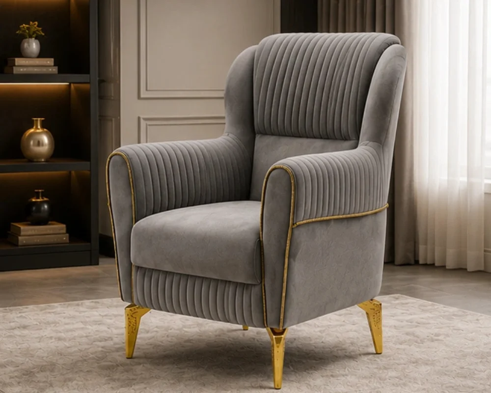 ERVA Luxury Arm Chair – Plush Velvet Fluted Accent Chair with Gold Metal Feet
