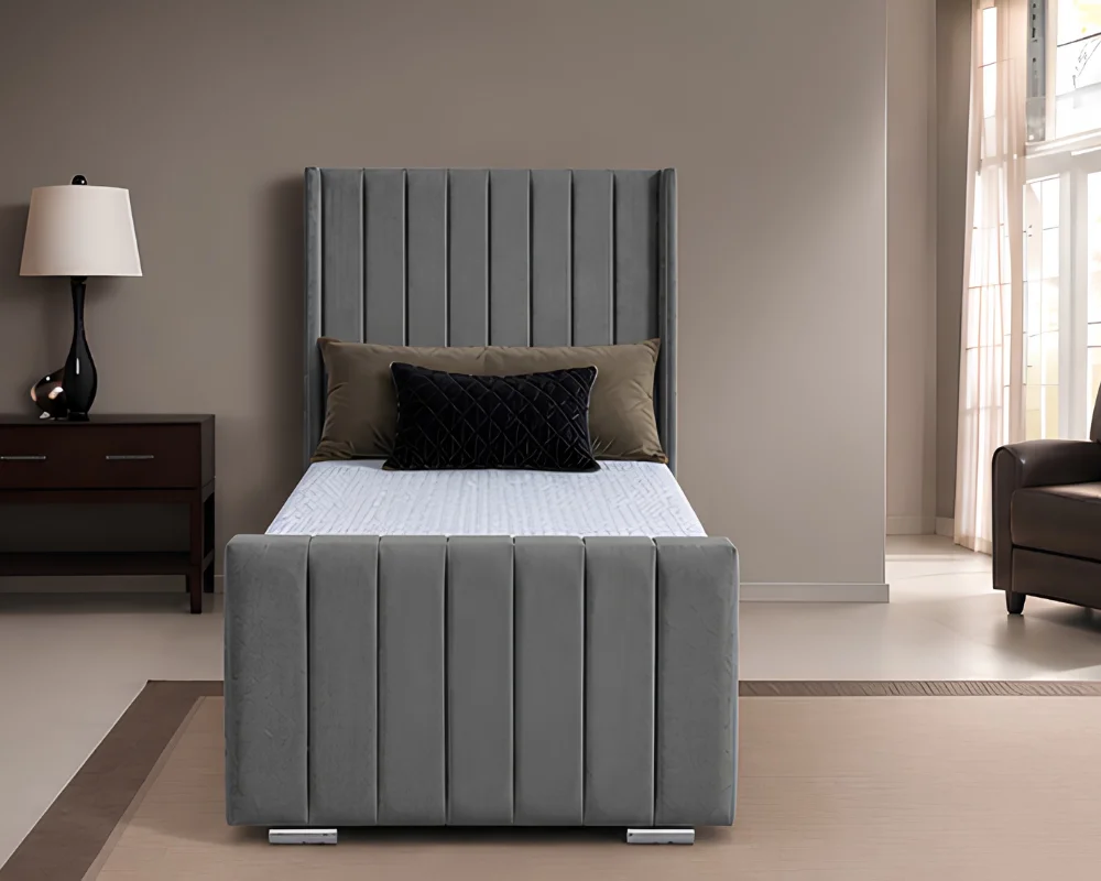Luxury Grey Single Bed with Panel Headboard – Single Bed with Mattress – Modern Wingback Panel Design