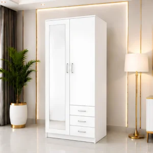 White 2 Door Mirrored Wardrobe with 3 Drawers - Modern Bedroom Storage Cabinet