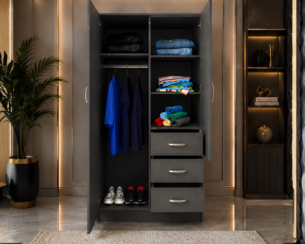 Grey 2 Door Wardrobe with Mirror & 3 Drawers - Modern Wooden Bedroom Storage - Image 2