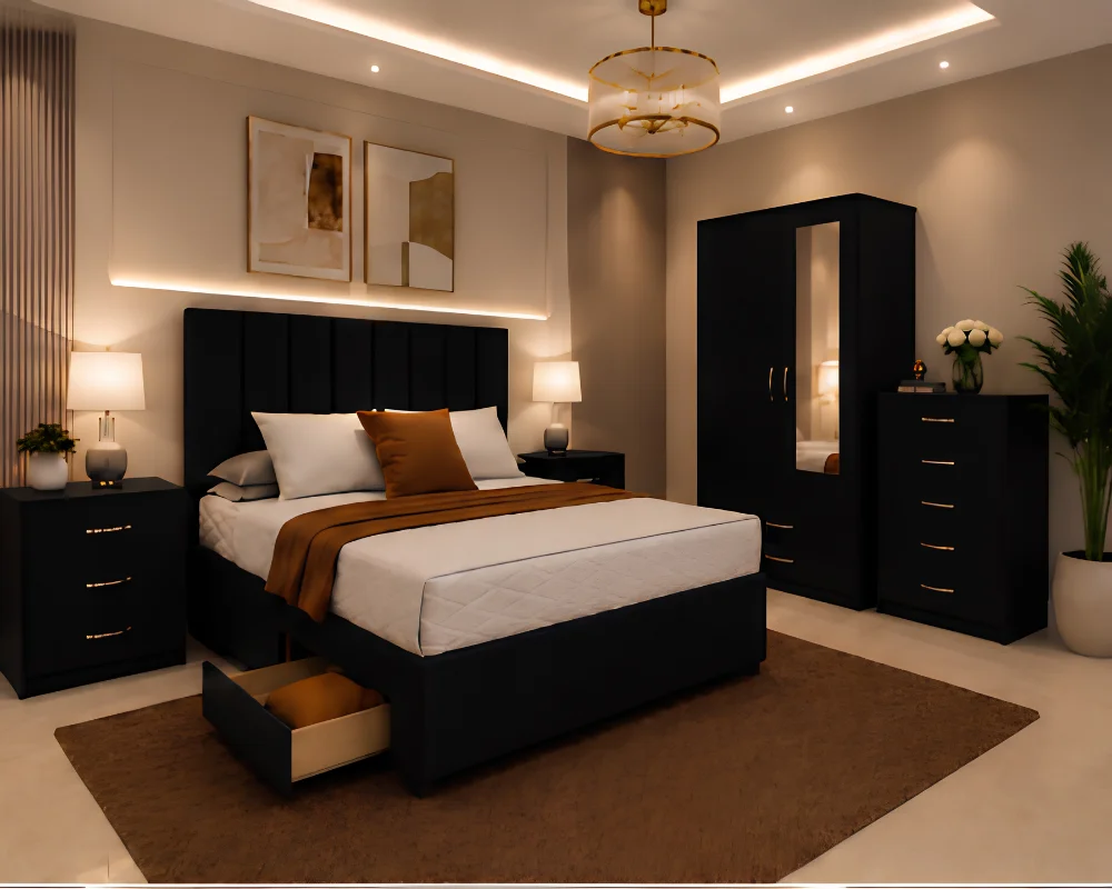Premium Double Bedroom Collection - Two Door Mirror Wardrobe With Bottom Drawer - Chest of Five Drawers - Two Bedside Tables