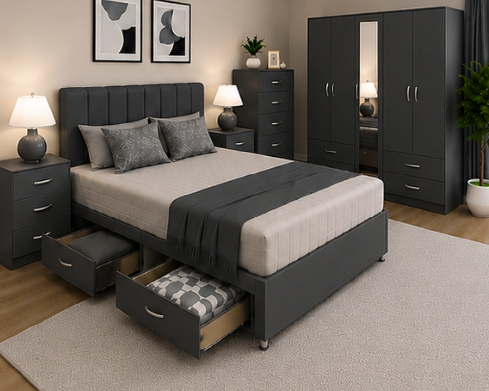 Luxury Double Bed Furniture Set – Five Door Wardrobe with Four Bottom Drawers – Chest of Five Drawers with Two Bedside Tables