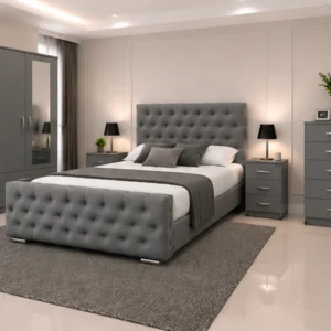 Contemporary Bedroom Suite - King Size Bed - 2 Door Mirror Wardrobe With Bottom Drawer - Five Drawer Chest - Bedside Table Pair