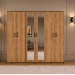 Modern Light Natural Wood 6 Door Wardrobe with Mirrors Spacious Bedroom Storage - Custom Colours & Sizes Available