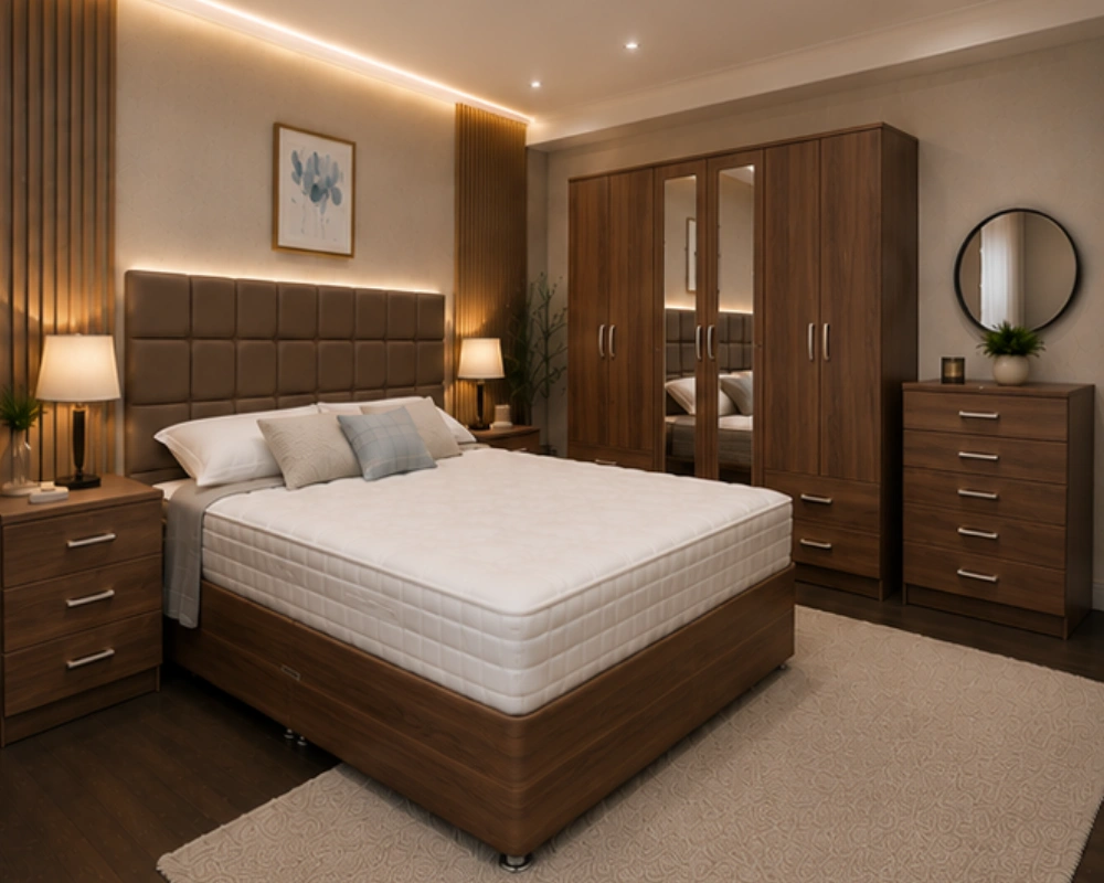 Modern Bedroom Suite – King Size Bed– Six Door Wardrobe with Four Drawers – Chest of 5 Drawers – 2 Bedside Tables - Image 2