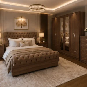 King Size Bed Bedroom Furniture Collection - Six Door Wardrobe With Four Drawer - Chest of Five Drawers With Two Bed Side Table