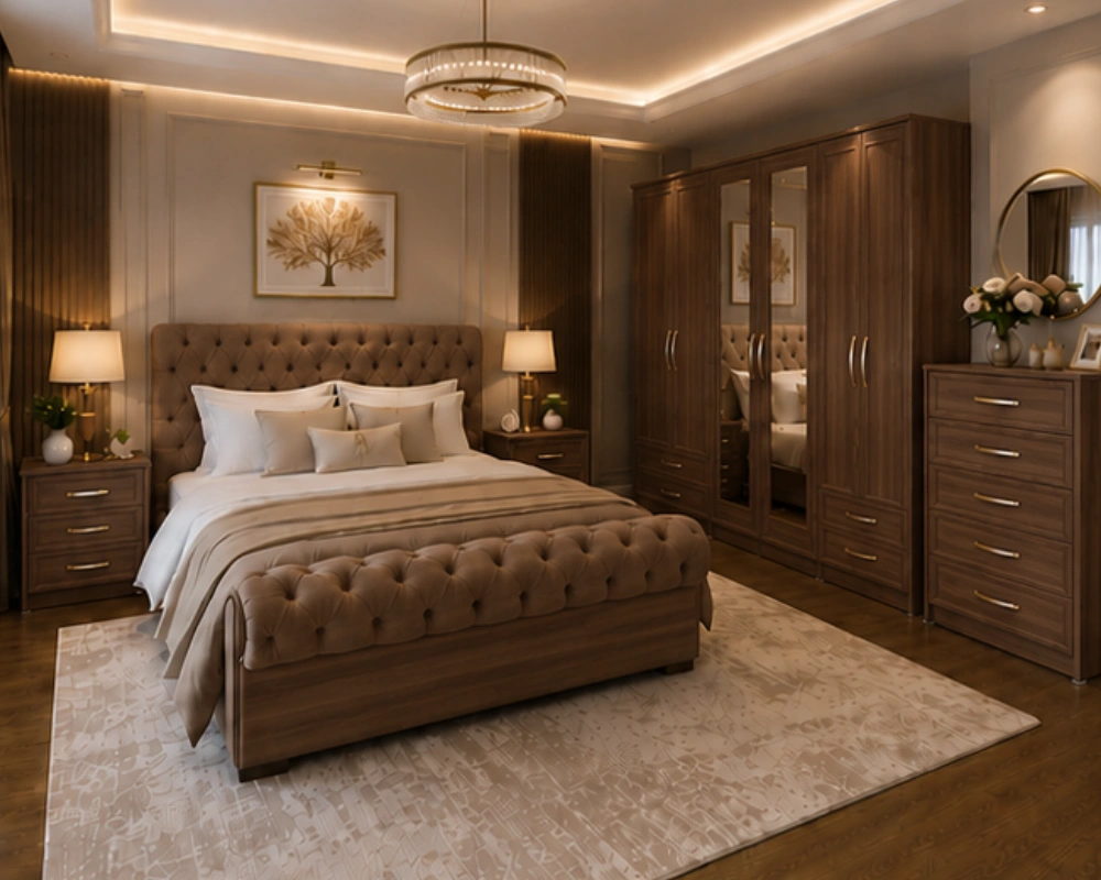 King Size Bed Bedroom Furniture Collection - Six Door Wardrobe With Four Drawer - Chest of Five Drawers With Two Bed Side Table