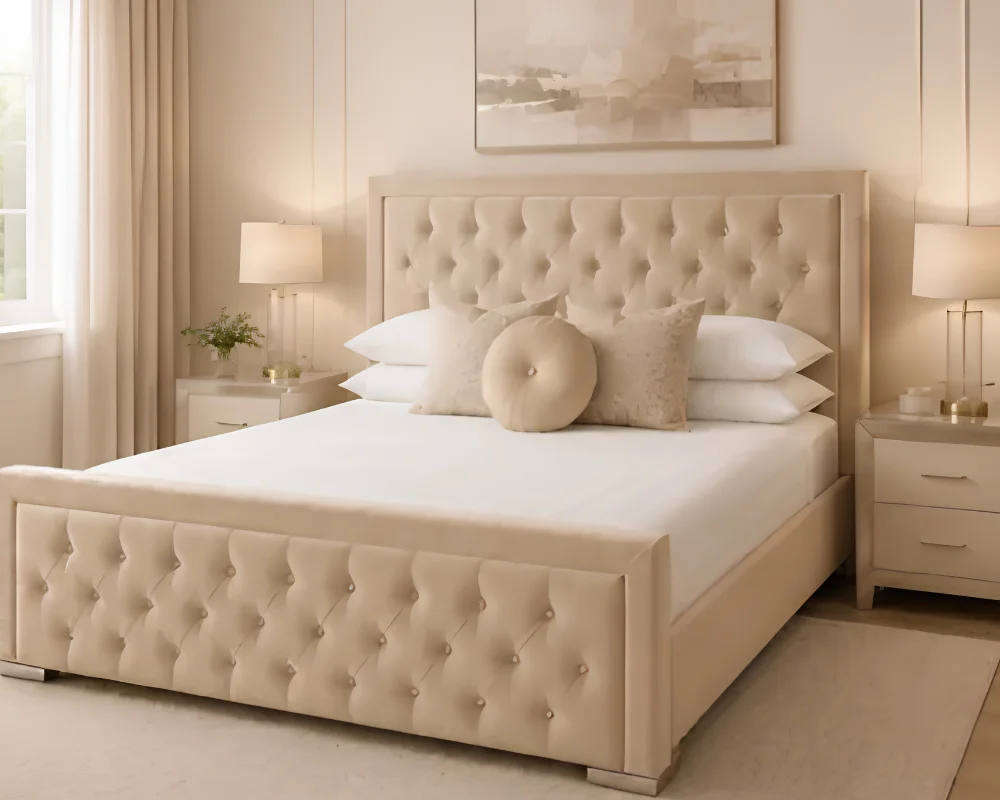Elegant Beige Hilton King Size Bed with mattress – Premium Upholstered 5ft Bed Frame with Mattress - Image 4