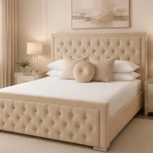 Luxury Beige Hilton 6ft Bed with Mattress – 200 × 200 cm Upholstered Super King