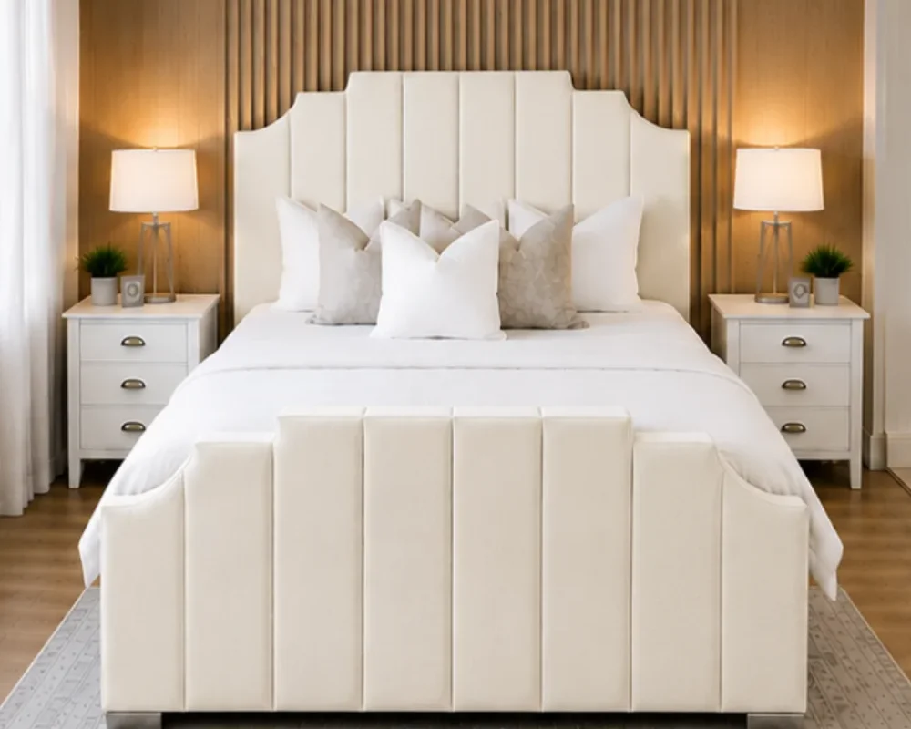 Elegant Cream Arizona Super King Bed – Plush Upholstered Platform Frame with mattress