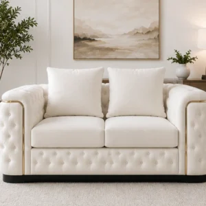 Madrid White 2 Seater Sofa – Luxury Chesterfield Fabric Sofa with Gold Accents | UK