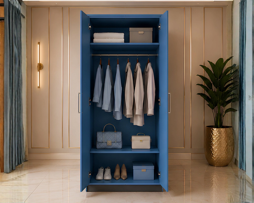 Blue 2 Door Wooden Wardrobe - Modern Bedroom Storage Cabinet - Image 4