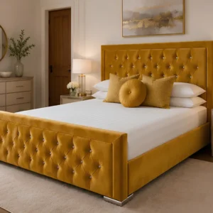 Rich Gold Yellow Hilton Super King Bed with mattress – 6ft | 200 × 200 cm Premium Padded Headboard