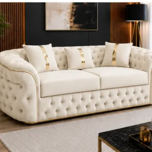 Luxury Off White Chesterfield 3 Seater Sofa with Gold Trim | Velvet Sofa UK