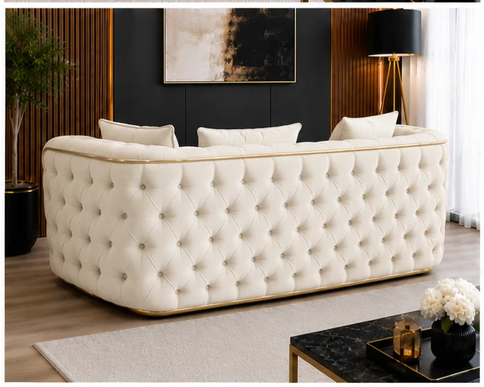 Luxury Off White Chesterfield 3 Seater Sofa with Gold Trim | Velvet Sofa UK - Image 3