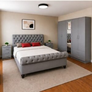 Premium Double Bed Bedroom Set - five Door Wardrobe With Four Drawer - Chest of Five Drawers With Two Bed Side Table
