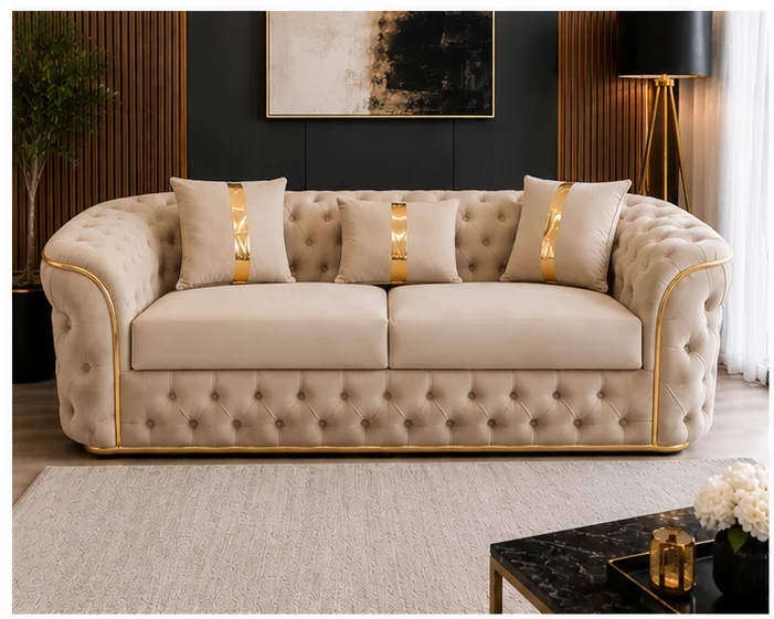 Luxury Beige Chesterfield 3 Seater Sofa with Gold Trim | Velvet Sofa UK - Image 2