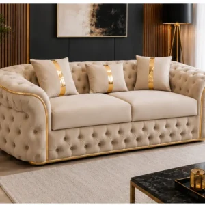 Luxury Beige Chesterfield 3 Seater Sofa with Gold Trim | Velvet Sofa UK