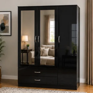 Luxury Black 3 Door Wardrobe - Modern 3 Door Wardrobe with 2 Mirrors & 2 Bottom Drawers