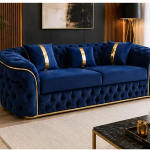 Luxury Royal Blue Chesterfield 3 Seater Sofa with Gold Trim | Velvet Sofa UK
