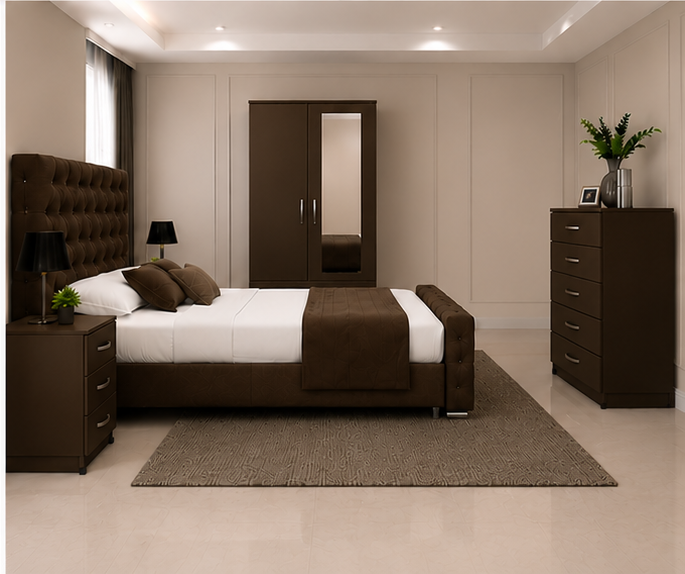 Complete Bedroom Storage Solution - King Size Bed - 2 Door Mirror Wardrobe - Five Drawer Chest - Two Bedside Tables - Image 2