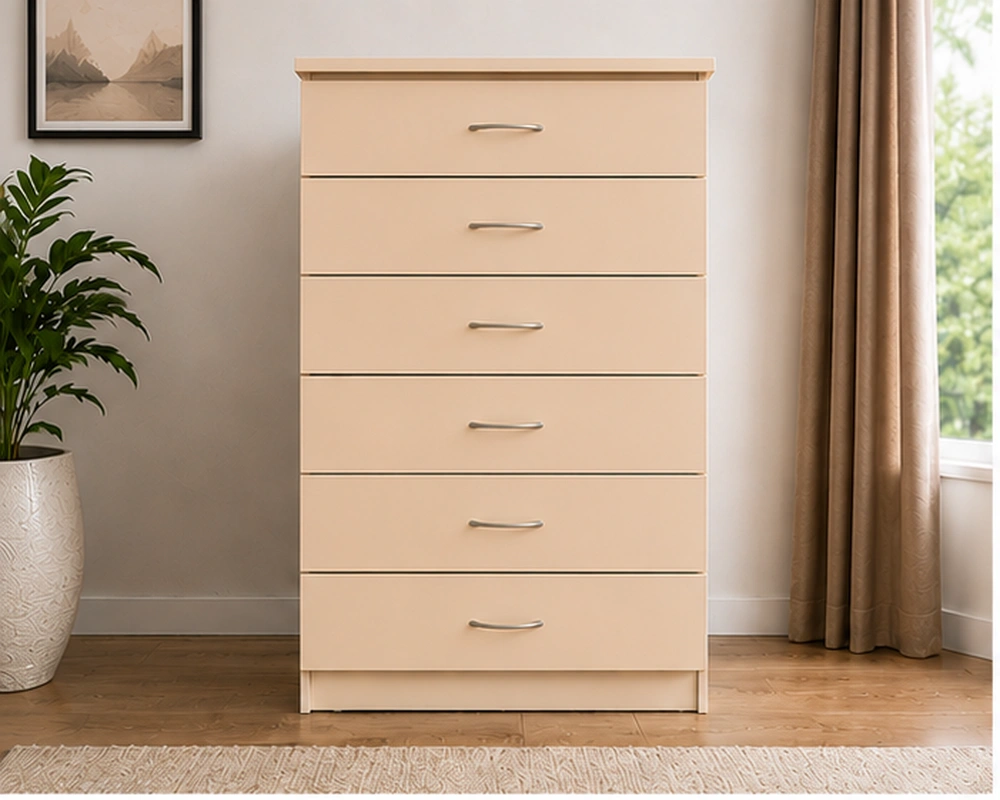 Beige 6 Drawer Chest of Drawers – Modern Bedroom Storage