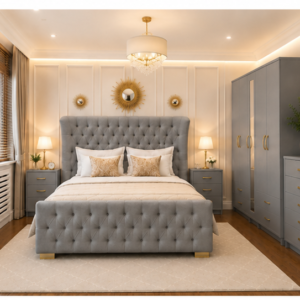 Deluxe Double Bed Bedroom Suite - Five Door Wardrobe With One Long Mirror - Chest of Five Drawers With Two Bed Side Table