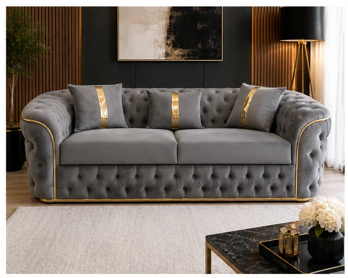 Luxury Grey Chesterfield 3 Seater Sofa with Gold Trim | Velvet Sofa UK - Image 2