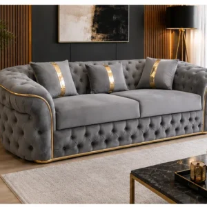Luxury Grey Chesterfield 3 Seater Sofa with Gold Trim | Velvet Sofa UK