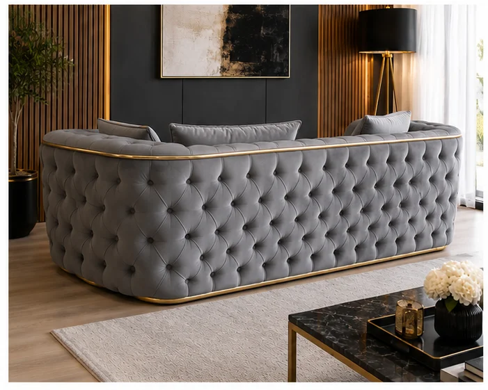 Luxury Grey Chesterfield 3 Seater Sofa with Gold Trim | Velvet Sofa UK - Image 3