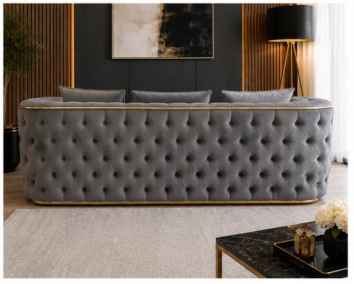 Luxury Grey Chesterfield 3 Seater Sofa with Gold Trim | Velvet Sofa UK - Image 4