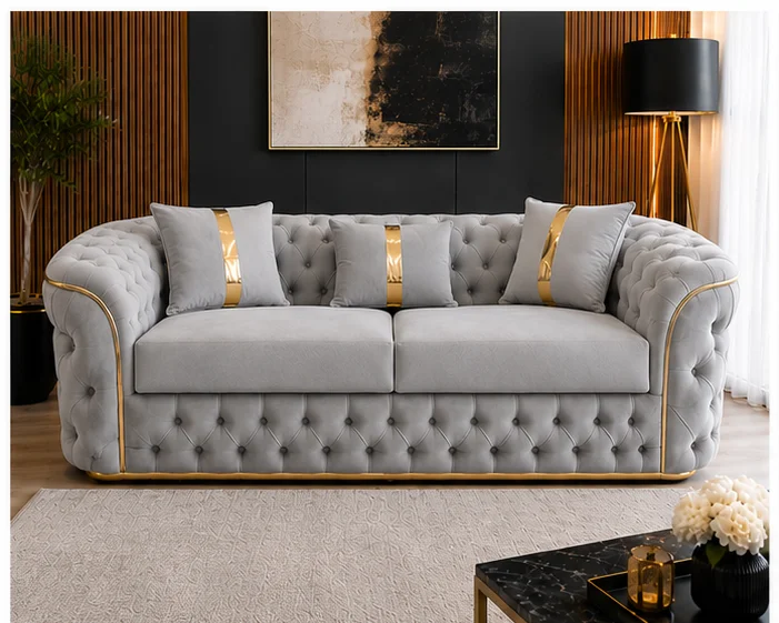 Luxury Light Grey Chesterfield 3 Seater Sofa with Gold Trim | Velvet Sofa UK - Image 2