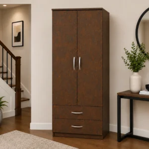 Rustic Brown 2 Door Wardrobe with 2 Drawers - Modern Bedroom Storage Cabinet