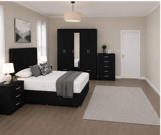 Premium King Size Bed Bedroom Set – Five Door Wardrobe with Four Bottom Drawers – Chest of Five Drawers & Two Bedside Tables - Image 2