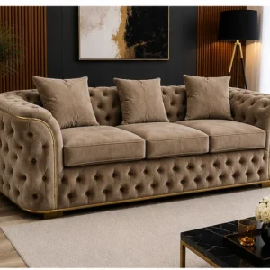 Luxury Taupe Chesterfield 3 Seater Sofa with Gold Trim - Velvet Sofa UK