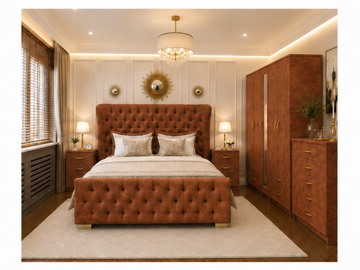 Complete Double Bed Furniture Package With Five Door Wardrobe With One Long Mirror - Chest of Five Drawers With Two Bed Side Table