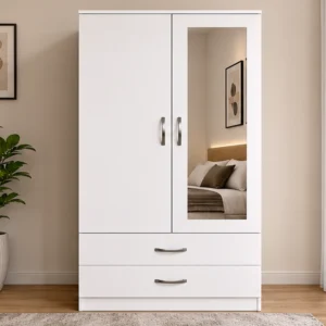 Modern 2 Door Wardrobe with Mirror and Drawers – White Bedroom Storage Furniture