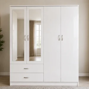 Lumière White 4 Door Wardrobe – Mirrored Storage Collection– Stylish Storage with Drawers
